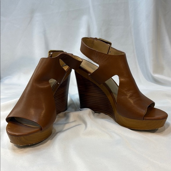 MICHAEL KORS, Josephine, Brown Leather Wedge Sandals, women, Sling Back, 9.5M - Picture 3 of 13